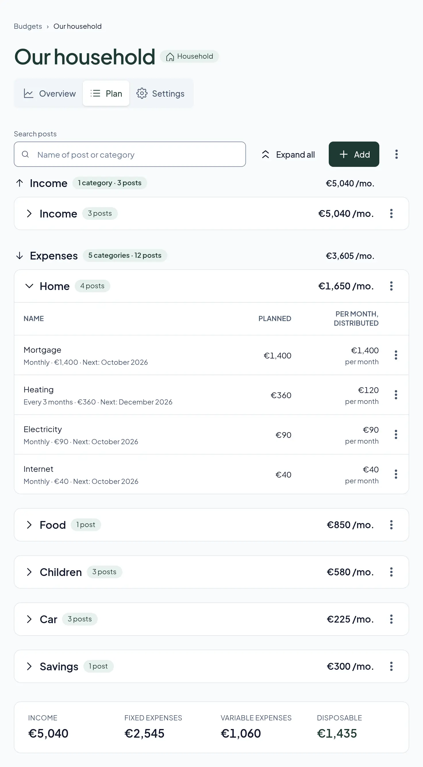 A household budget plan in Ropeno with income and expense categories. The home category is open and shows how often each bill comes.